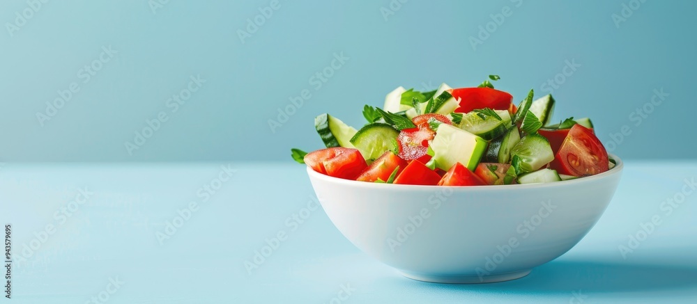 Poster fresh vegetable salad in a bowl with tomato and cucumber on a light blue backdrop perfect for a copy
