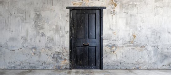 Rustic black wooden door set in a white wall inside a hotel room offering copy space image