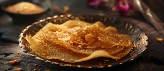 A traditional Andhra sweet Pootharekulu is a delicate sweet treat from Andhra Pradesh It features a thin rice sheet filled with dry fruits sugar or jaggery typically seen in copy space images