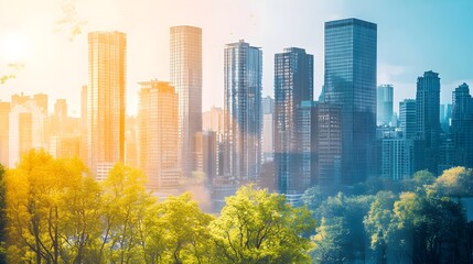 Photograph of a modern city skyline with a carbon credit concept overlay highlighting the potential for sustainable urban development and green infrastructure
