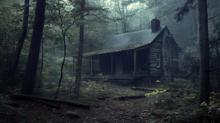 A dilapidated old broken down cabin in the woods Halloween feel