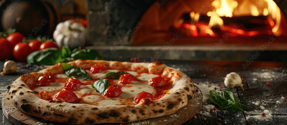 Poster classic margherita pizza from naples with an authentic brick oven cooked style featuring simple topp