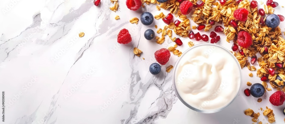 Poster delicious granola with fruits and yogurt on a white marble surface banner layout with room for text 