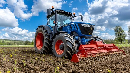 Obraz premium A blue tractor plowing a field under a bright blue sky with fluffy clouds.