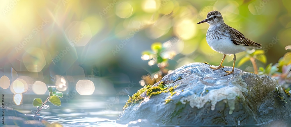 Poster A charming bird the Spotted sandpiper in breeding plumage perches on a rock by water s edge in spring creating a serene scene with copy space image