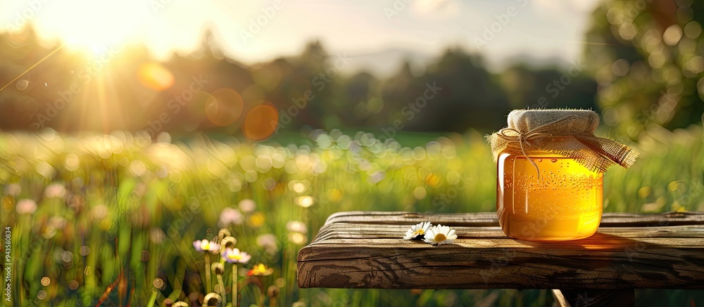 Poster A jar of honey sits on a wooden table in front of a blurred natural background of a green meadow filled with grass flowers and trees creating a backdrop for food drink and product presentations with