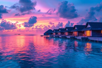 Fototapeta premium Romantic Overwater Houses in the Maldives at Sunset with Vibrant Sky and Calm Ocean Waters