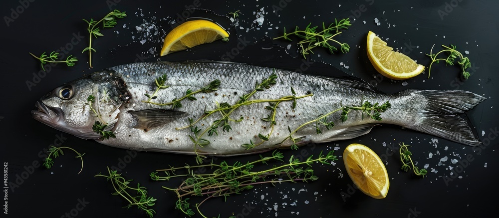 Leinwandbilder top view of a fresh sea bass with lemon and thyme on a black background ideal for a copy space image