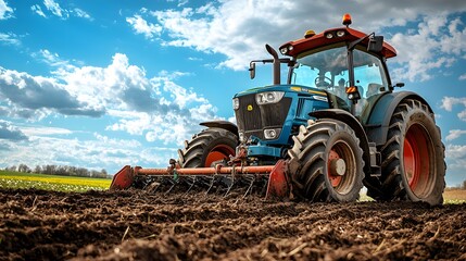 Obraz premium Blue tractor plowing a field under a beautiful sky.