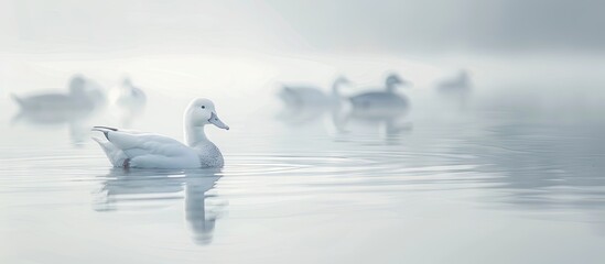 A tranquil view of white ducks peacefully swimming in still water is shown in this photo with a prominent single duck in the foreground copy space image