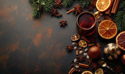 Mulled wine on dark marble background. Ingredients for making mulled wine, top view. Christmas decoration. Christmas mulled wine with spices.Space for text. Copy space.
