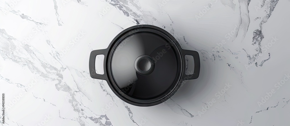 Poster Top view of a black cooking pot with a transparent lid placed on a white marble surface offering a clear area for including text within the image. Creative banner. Copyspace image