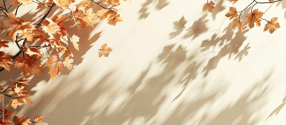 Poster cream colored fall setting with shadows of maple tree leaves on a wall in a minimalist autumn backdr