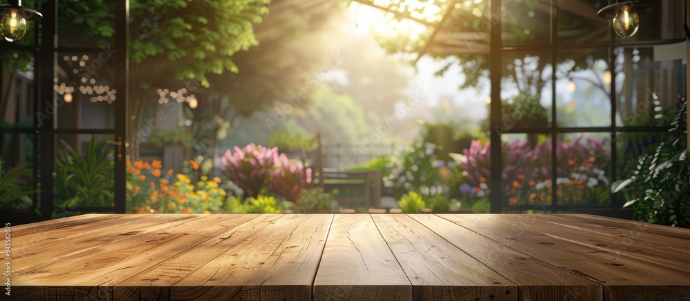Aufkleber Wooden table in the foreground with cafe ambiance in the background and a large window overlooking a garden ideal for showcasing products with copy space image