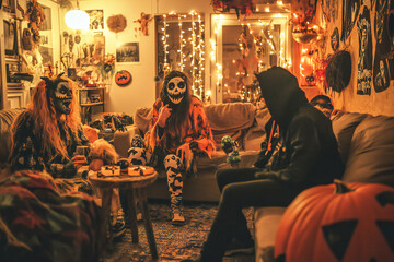 Naklejka premium A room in a house decorated with Halloween decorations, a costume party with adults in scary clothes 