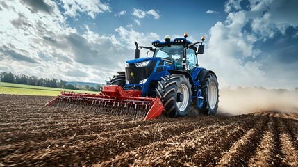 Powerful blue tractor cultivating rich farmland under a dramatic sky.