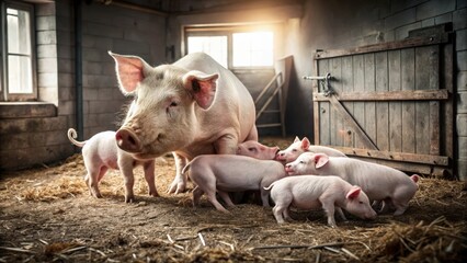 Mother Pig and Piglets in a Barn