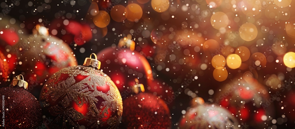 Aufkleber Banner design featuring Christmas balls set against a blurred background with a bokeh effect providing space for text in the image. Creative banner. Copyspace image