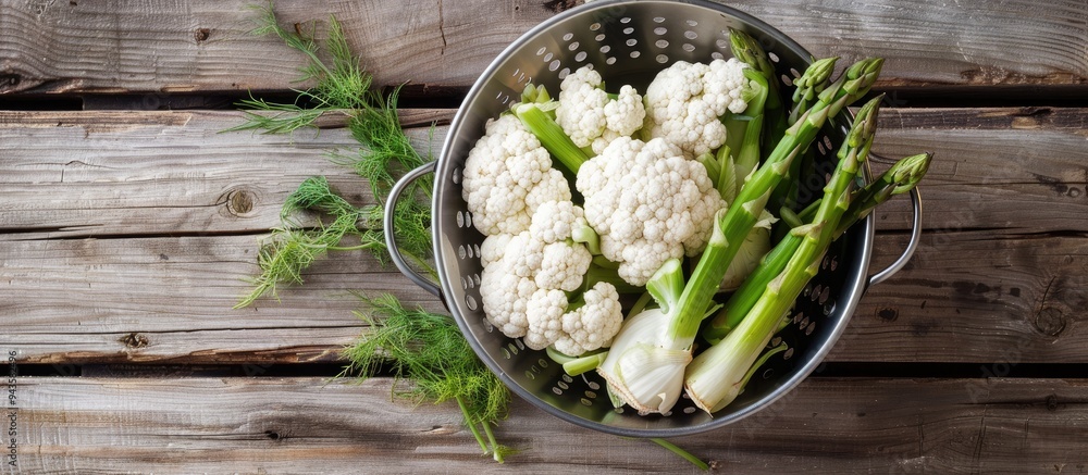 Aufkleber Flat lay of a metal colander filled with cauliflower fennel and asparagus on a wooden table with available space for text incorporating a copy space image