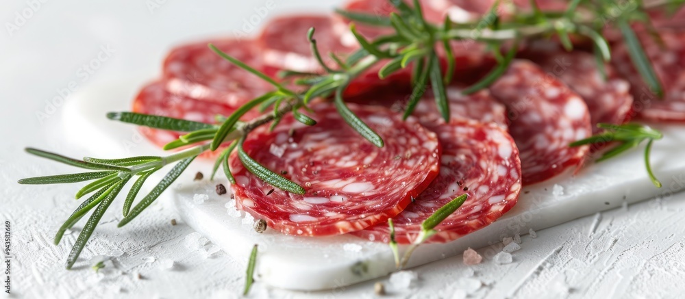 Poster a white background featuring sliced french salami garnished with rosemary perfect for a copy space i