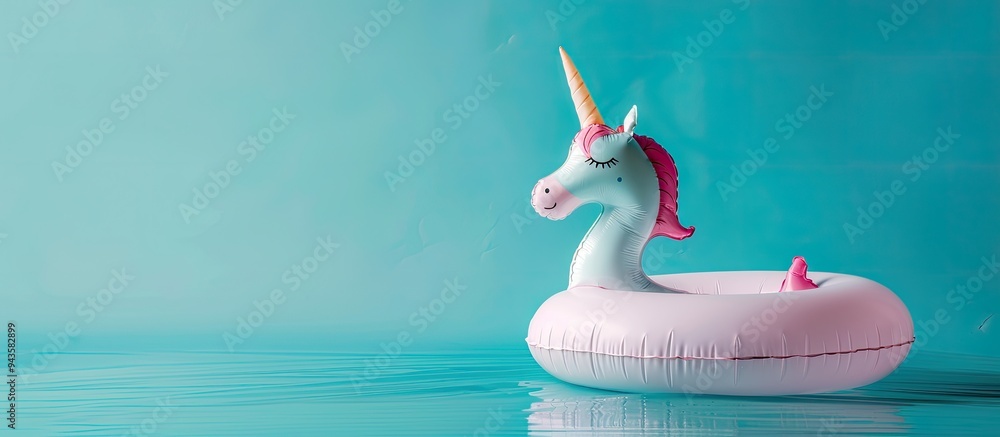 Aufkleber An elegant inflatable unicorn ring floating in the air against a turquoise backdrop with room for text in the image. Creative banner. Copyspace image