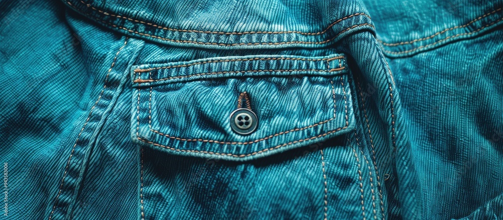 Poster close up of turquoise denim pants front and small pockets showcasing design details like button seam