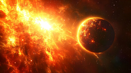 A fiery cosmic explosion illuminates a distant planet.