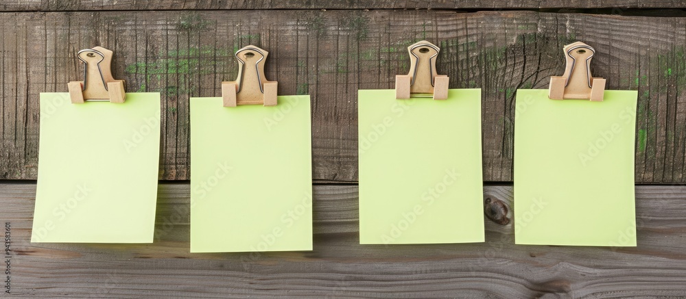 Poster A collection of five lemon green sticky notes placed on a brown clipboard or plywood board with ample copy space image available