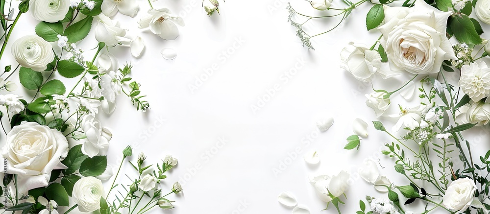 Canvas Prints white roses greenery and blossoms form an elegant floral border frame on a white background in this 