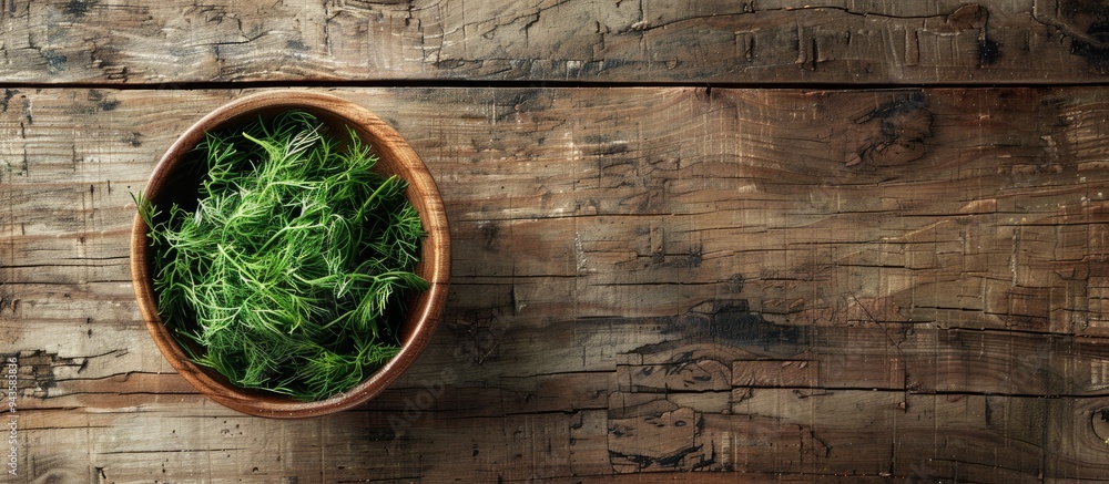 Poster top view of a bowl with freshly cut dill on a wooden table with room for text in the image. creative