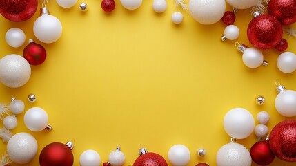 Merry Christmas and Happy Holidays greeting card, frame, banner. New Year. Noel. White Christmas white and red ornaments on yellow background top view. Winter holiday xmas theme. generative ai