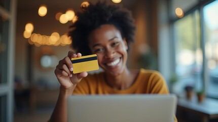 Online Shopping with Credit Card: Smiling Woman Using Laptop for Secure E-commerce Transaction in Cozy Cafe Setting