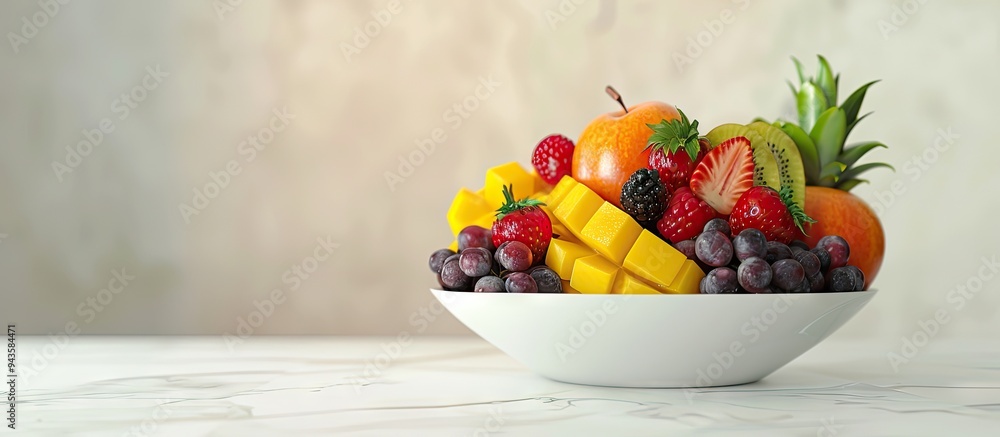 Aufkleber Table set with a fresh fruit salad menu displayed on a white surface with copy space image