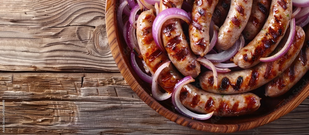 Poster Grilled sausages with onions viewed from the top with space for text or other elements in the image. Creative banner. Copyspace image