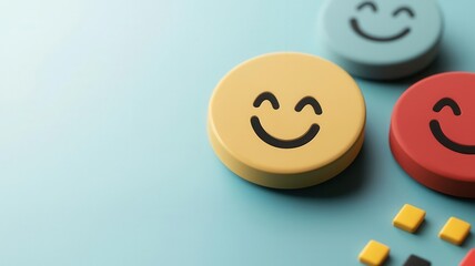 Consumer sentiment analysis, emotive faces and colorful charts, 3D illustration