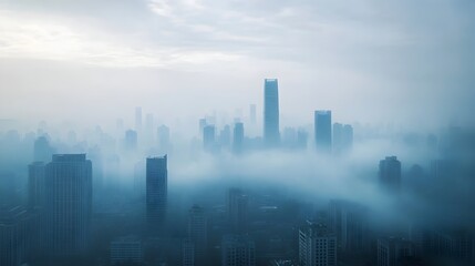 Fototapeta premium Photograph of an urban skyline obscured by thick smog representing the detrimental impact of greenhouse gases and the need for environmental awareness and sustainable solutions