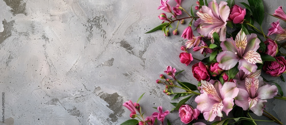 Poster a stunning floral arrangement featuring alstroemeria and peonies on a concrete backdrop the vivid pe