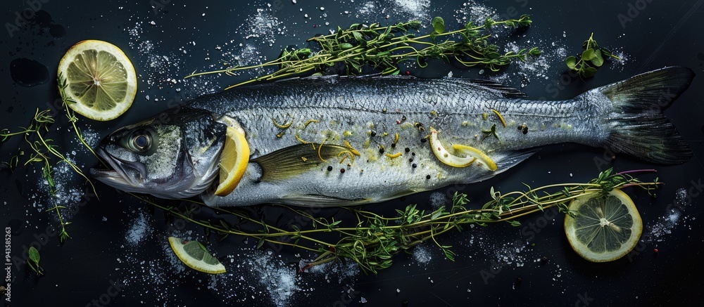 Leinwandbilder top view of a fresh sea bass with lemon and thyme on a black background ideal for a copy space image