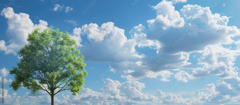 Poster Sunny day with a tree against a backdrop of blue sky and fluffy white clouds suitable as a copy space image