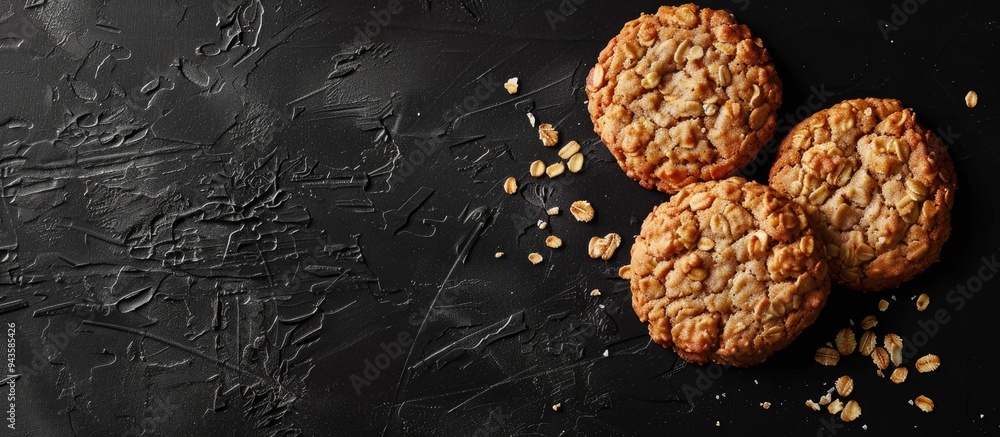 Aufkleber homemade oatmeal cookies on a black backdrop with space for text or images. creative banner. copyspa