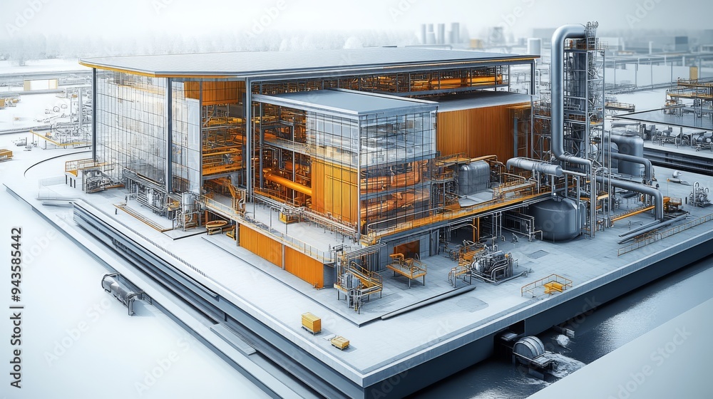 Poster a modern factory operates efficiently on a zero waste principle, showcasing innovative architecture 