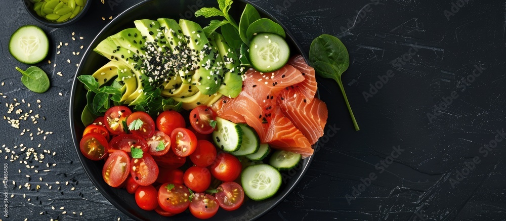 Poster poke bowl featuring red fish avocado spinach cucumber and cherry tomatoes against a plain background