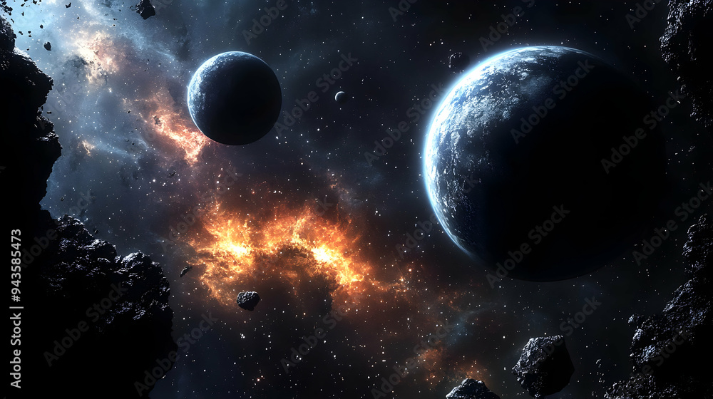 Poster a fiery explosion and three planets in the vastness of space.