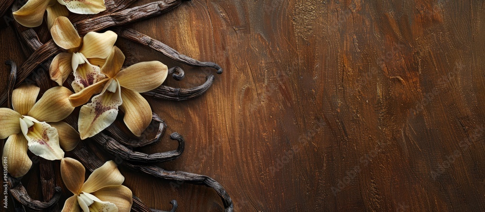 Poster close up of vanilla pods and flowers displayed on a wooden table with room for text alongside in the