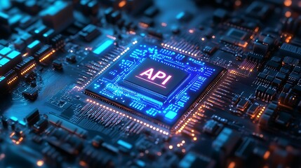 Obraz premium High-Tech Close-Up of a Circuit Board with API Highlighted in Neon Glow