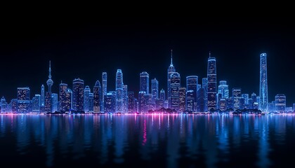 Fototapeta premium A futuristic cityscape at night with a glowing neon blue skyline reflected on a calm body of water, featuring towering skyscrapers and a clear, dark sky. 