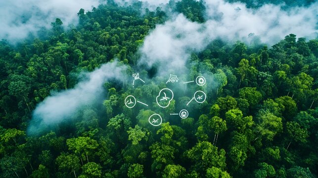 Aerial photograph showcasing a dense forest landscape with overlaid greenhouse gas emission icons visually representing the significant environmental impact and consequences of deforestation