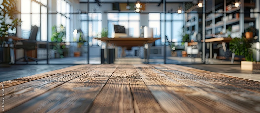 Poster ideal for showcasing office products a wooden table top amidst a blurred modern office background of