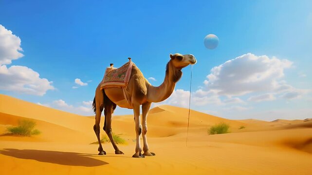 A camel stands in a vast desert landscape under a bright blue sky with clouds.