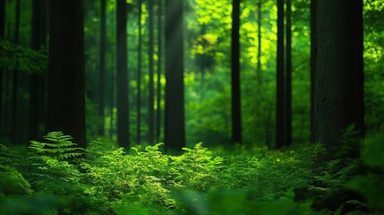 Obraz premium A tranquil forest scene filled with vibrant green foliage and tall trees, creating a peaceful and serene atmosphere.